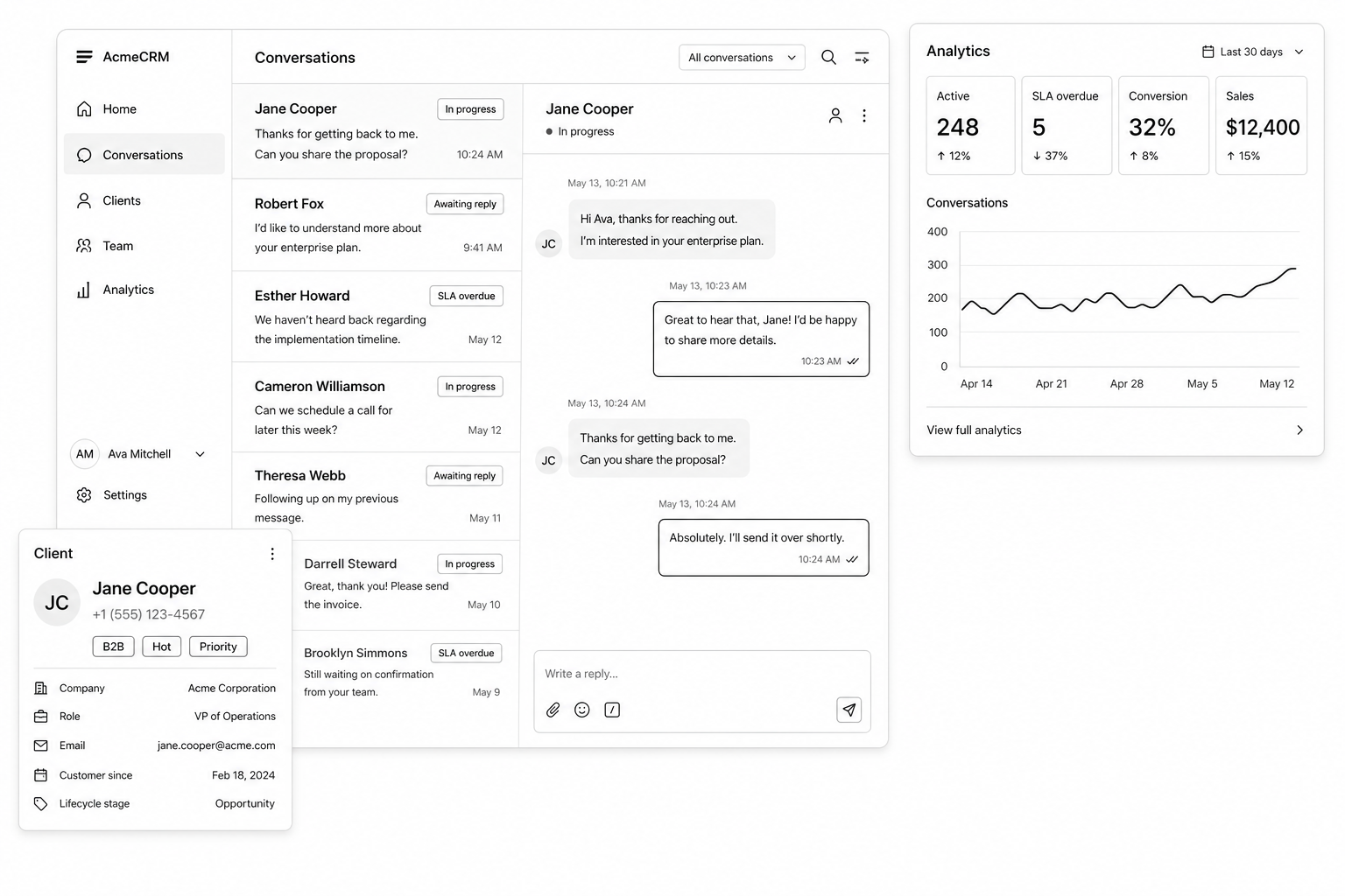 Whisp product interface: conversations, client card and analytics